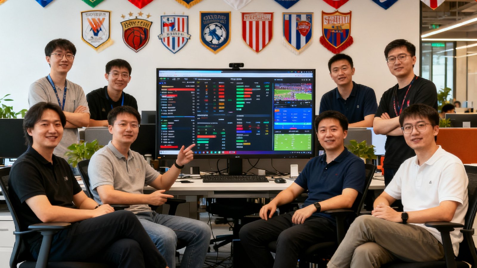 蚂蚁体育团队在望京科技园区办公室的合影，开放式办公空间充满活力，墙壁上悬挂着各大联赛队旗，员工们围坐在数据大屏前讨论
